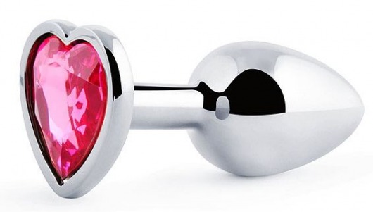 Серебристая анальная пробка с розовым кристаллом-сердечком - 7 см. - Anal Jewelry Plug - купить с доставкой в Копейске