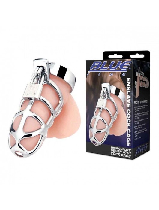 Серебристая металлическая клетка для члена с замком Enslave Cock Cage - BlueLine - купить с доставкой в Копейске