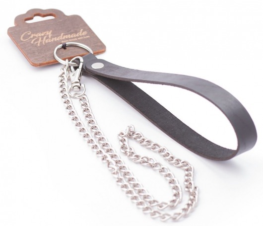 Серебристый металлический поводок с кожаной черной ручкой - 80 см. - Crazy Handmade - купить с доставкой в Копейске