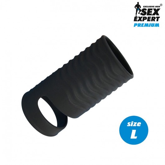 Черная открытая насадка на пенис с кольцом для мошонки L-size - 8,5 см. - Sex Expert - в Копейске купить с доставкой