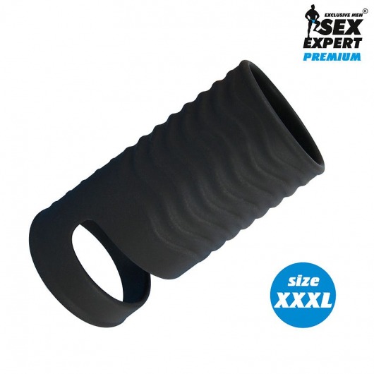 Черная открытая насадка на пенис с кольцом для мошонки XXXL-size - 9,9 см. - Sex Expert - в Копейске купить с доставкой