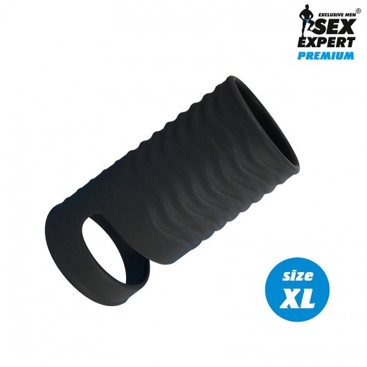 Черная открытая насадка на пенис с кольцом для мошонки XL-size - 8,9 см. - Sex Expert - в Копейске купить с доставкой