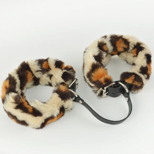 Черные кожаные оковы со съемной леопардовой опушкой - Sitabella - купить с доставкой в Копейске