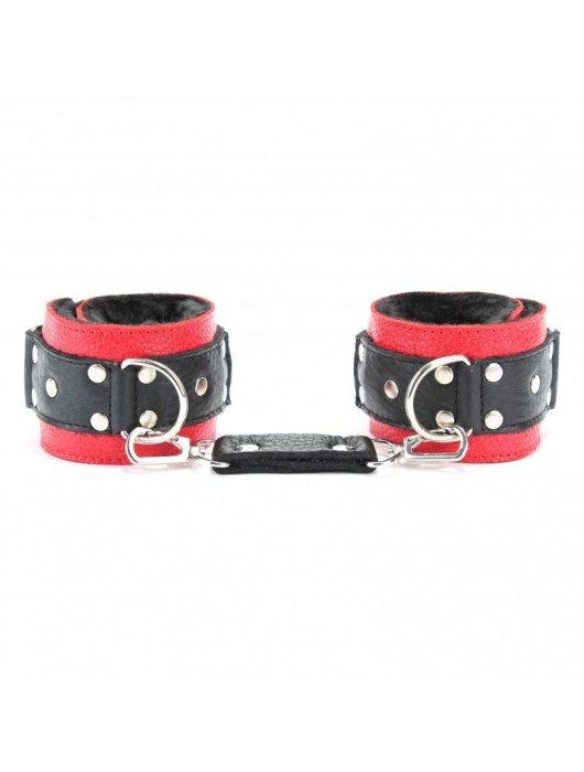 Красно-чёрные кожаные наручники с меховым подкладом - БДСМ Арсенал - купить с доставкой в Копейске