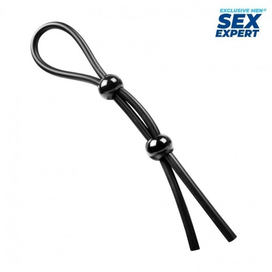 Черное силиконовое лассо с двумя шариками для утяжки - Sex Expert - в Копейске купить с доставкой