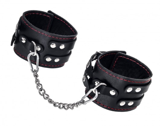 Черные кожаные оковы с двумя ремнями и контрастной строчкой - Pecado - купить с доставкой в Копейске