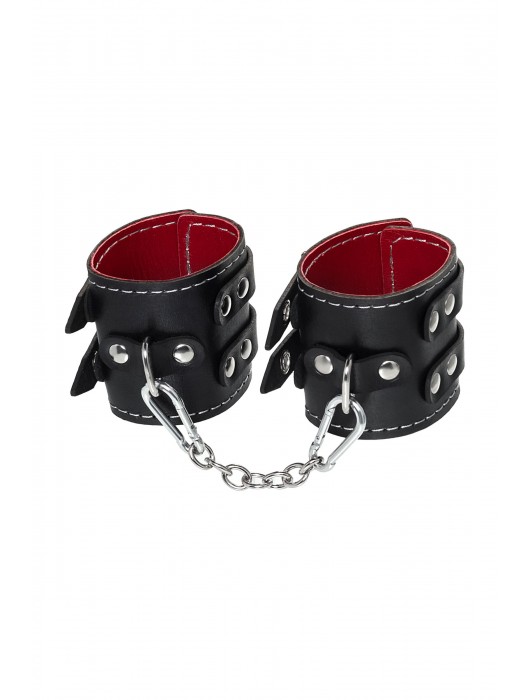Черные кожаные наручники с двумя ремнями и красной подкладкой - Pecado - купить с доставкой в Копейске