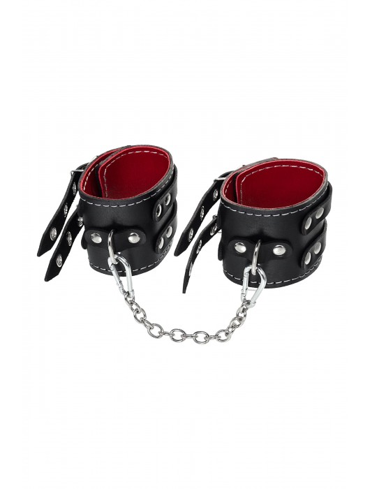 Черные кожаные оковы с двумя ремнями и красной подкладкой - Pecado - купить с доставкой в Копейске