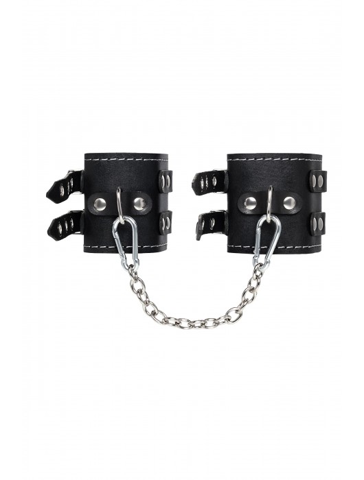 Черные кожаные оковы с двумя ремнями и красной подкладкой - Pecado - купить с доставкой в Копейске