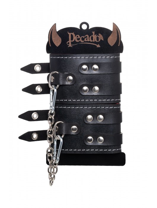 Черные кожаные оковы с двумя ремнями и красной подкладкой - Pecado - купить с доставкой в Копейске