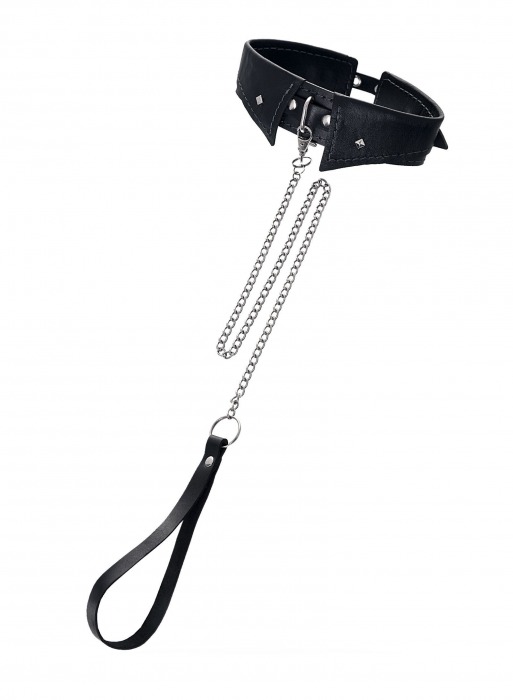 Черный кожаный ошейник-воротник с поводком - Pecado - купить с доставкой в Копейске