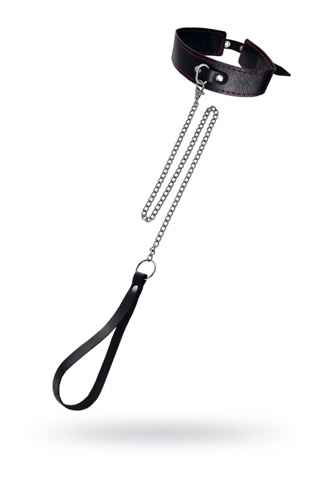 Кожаный двухслойный ошейник с красной строчкой и поводком - Pecado - купить с доставкой в Копейске