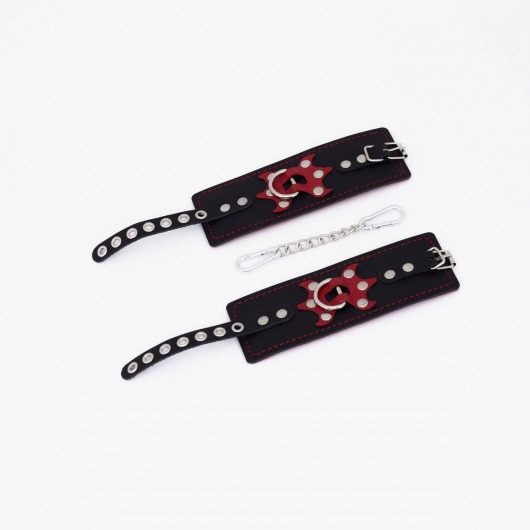 Черные кожаные наручники с красным декором и строчкой - Crazy Handmade - купить с доставкой в Копейске