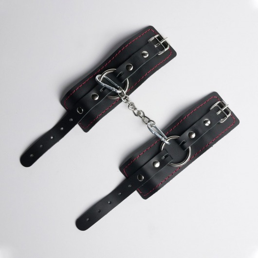 Черные кожаные наручники с красной строчкой - Crazy Handmade - купить с доставкой в Копейске