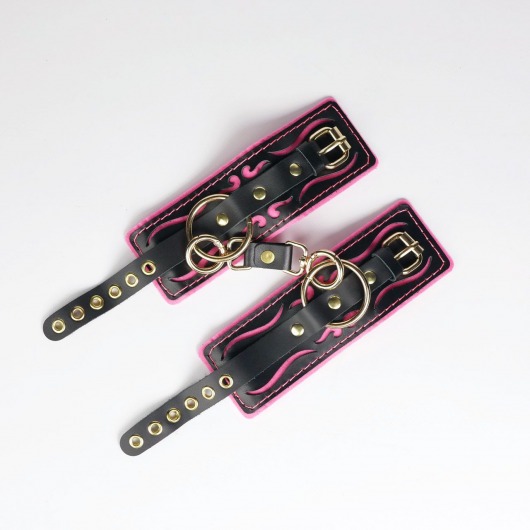 Черные кожаные наручники с розовой строчкой - Crazy Handmade - купить с доставкой в Копейске