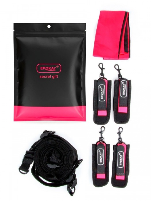 Черно-розовый эротический набор: фиксатор, оковы, наручники, повязка - Erokay - купить с доставкой в Копейске