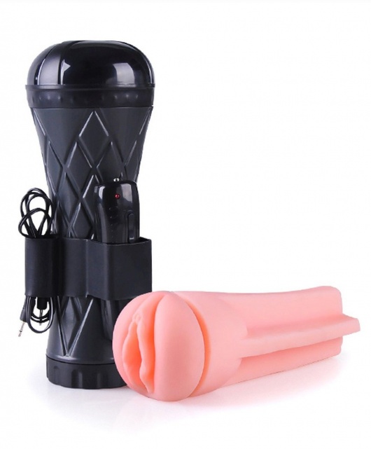 Телесный мастурбатор-вагина в черной колбе с вибрацией - Boys of Toys - в Копейске купить с доставкой