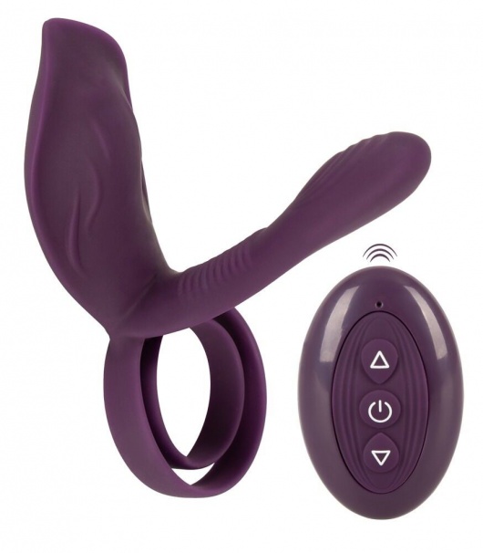 Фиолетовая насадка на член с клиторальным отростком и пультом ДУ RC Couple’s Vibrator 2 - Orion - в Копейске купить с доставкой